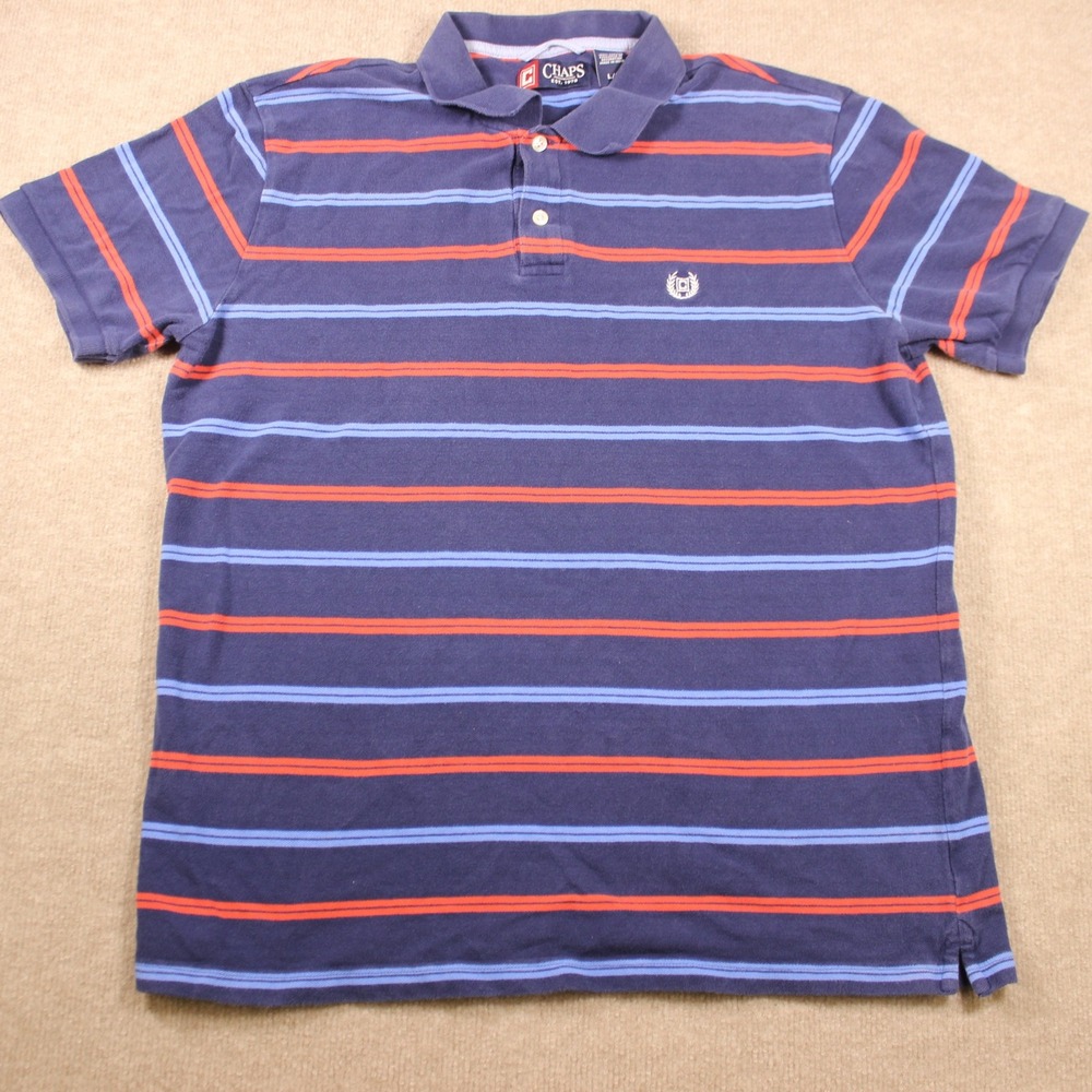 Chaps Mens Large Navy Blue Striped Cotton Short Sleeve‎ Pique Polo Shirt